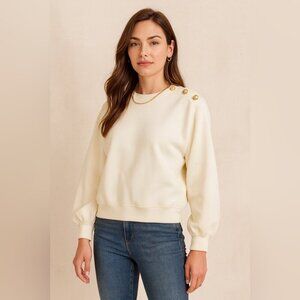 J.Crew Ivory Button Shoulder Sweatshirt Gold Button Detail Crewneck Cozy Chic XS